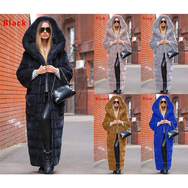 Faux Fur Women Long Coats Thick Warm Coat Hooded Full Sleeve Casual Maxi Elegant Splice Thick Warm Mom Autumn Winter 2024