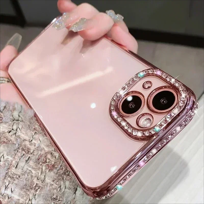 Luxury Plating Glitter Diamond Transparent Case for iPhone 15 13 11 12 14 ProMax Plus Girl Female Soft Silicone Shockproof Cover