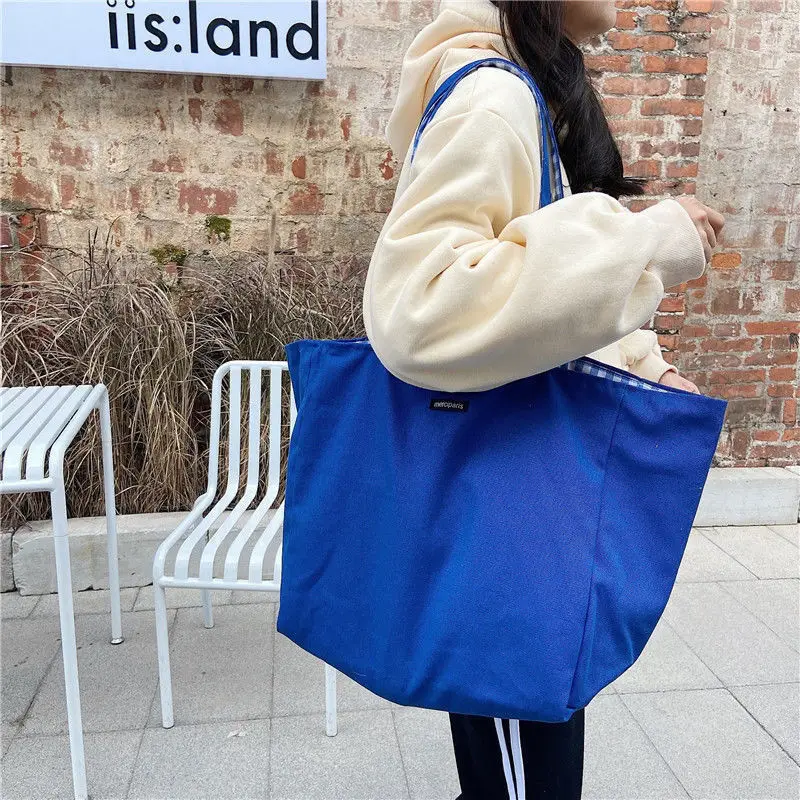 Women Plaid Shopping Bags Double-side Shoulder Large Capacity Tote Preppy Style Student All-match Canvas Bag Mori-girl Portable