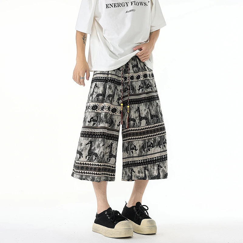 

Свободные мужские брюки-фонарики из ледяного шелка с принтом, драпированные повседневные брюки, новые широкие брюки в китайском стиле, удобные свободные шаровары