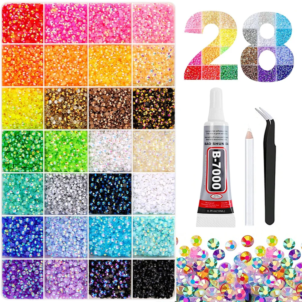 3/4/5mm 28-Color Bedazzling Kit Ab Resin Jelly Flat-Back Rhinestone Set Diamond Decoration Crystal Mixed Color Gems Suitable for DIY Phone Cases, Clothing, Water Bottles, Decorations, Crafts, Fabric Clothing, Shoes, Hats, Holiday Gifts, Art