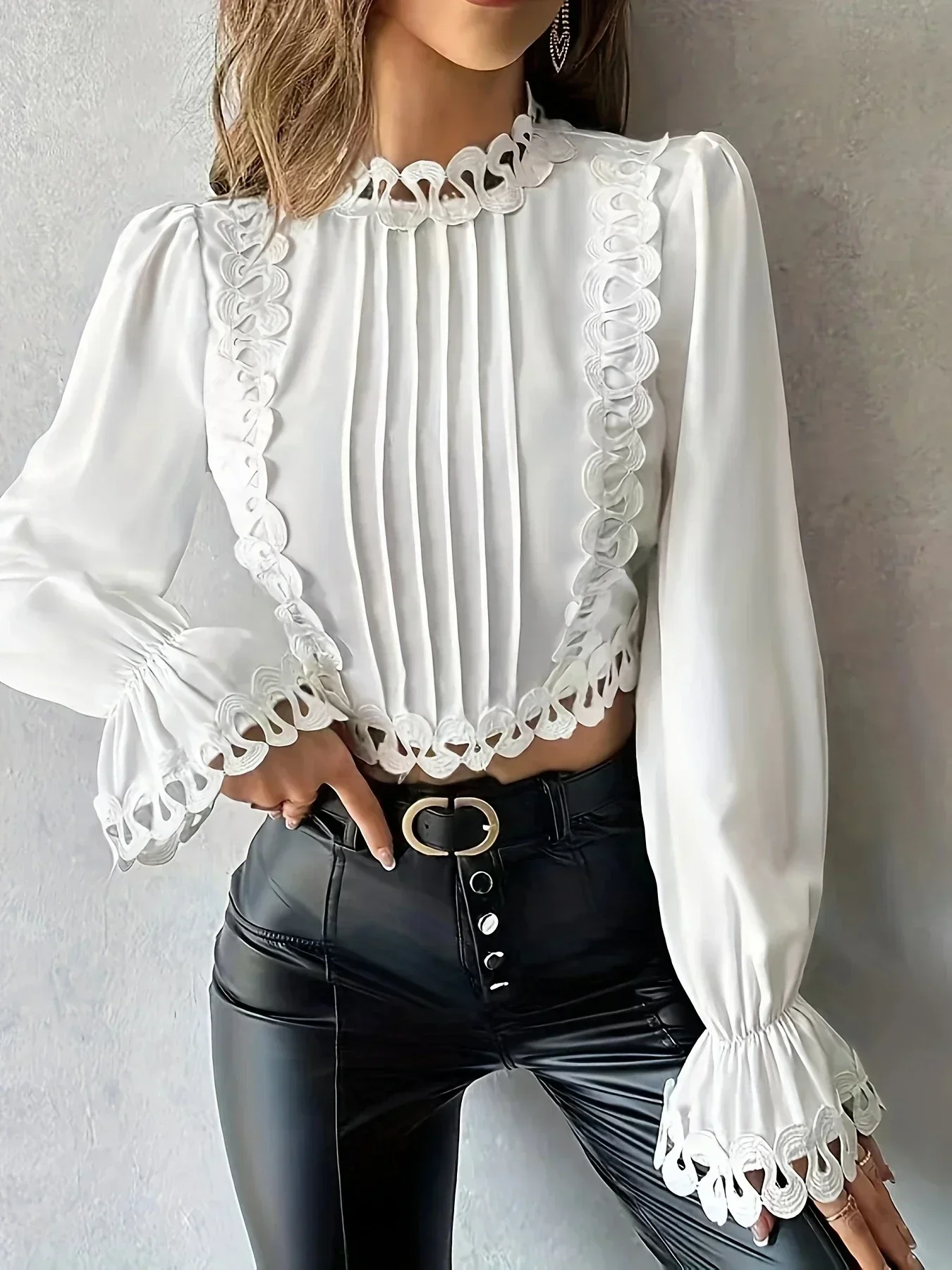 

Women's Plus Size 1XL-5XL Spring Ruffle Elegant Standing Neck Top Women Trendy Popular Sleeves Top Clothing