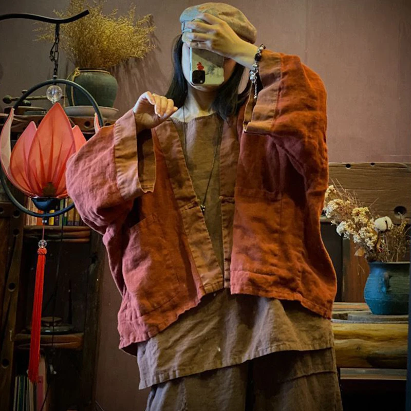 

Женские повседневные льняные пальто большого размера, Новое поступление, осень 2022, винтажный стиль, свободные женские базовые куртки с v-образным вырезом и рукавами «летучая мышь», M1996