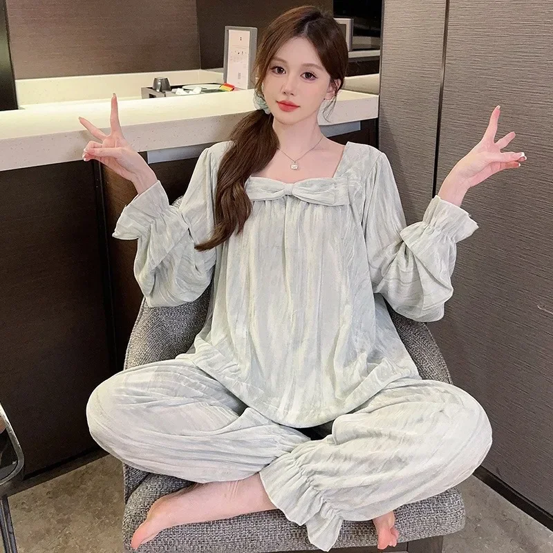 Plus Size Velvet Luxury Home Clothes Women Winter Long Sleeve Loungewear Suit 2 PCS Female Pajamas Sets M-5XL  Loose Outfits