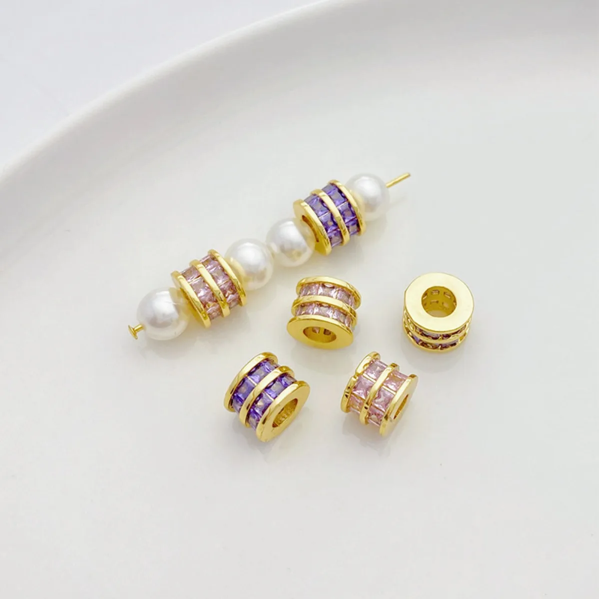 18K Gold Plated Color Thick Metal Zircon Inlaid Double Layer Cylinder Barrel Spacer Beads DIY Bracelet Necklace Findings