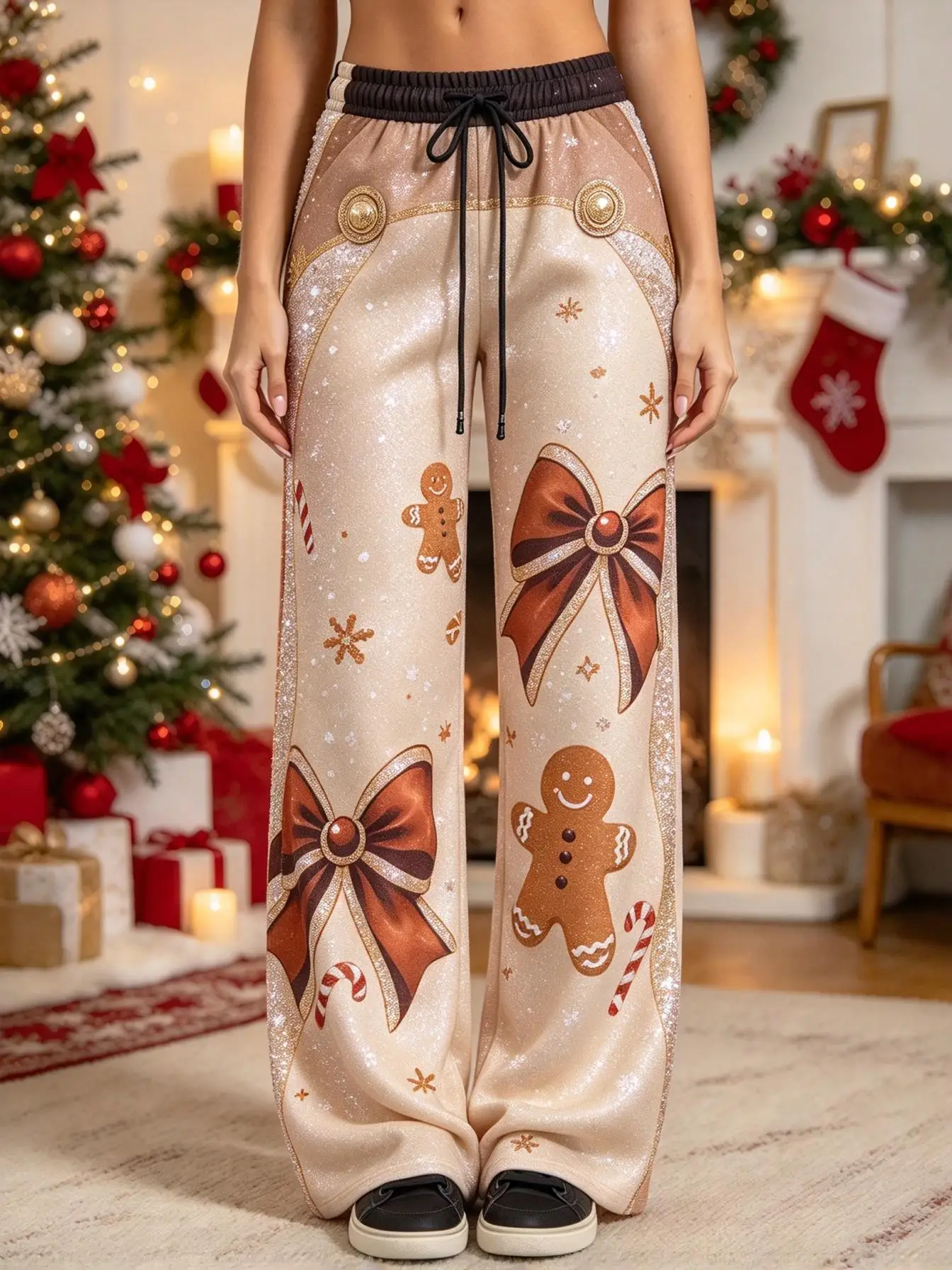 Ladies Low Rise Wide Leg Pants Xmas Faux Glitter Graphic Print Big Bow Candy Cane Soft Fleece Casual Party Trousers