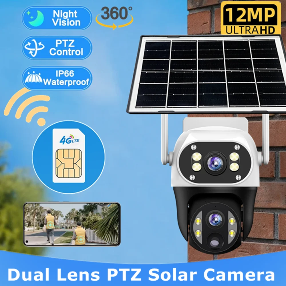V380 Pro Solar Camera Outdoor 4G SIM Dual Lens CCTV Security with PIR Human Detect Three Screens PTZ IP Camera for Farm Orchard