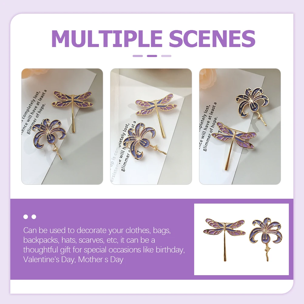 

2pcs Elegant Lilac Dragonfly Brooch Set Delicate Alloy Flower Breastpin Bright Color Scratch Resistant Fashion Party Dressing