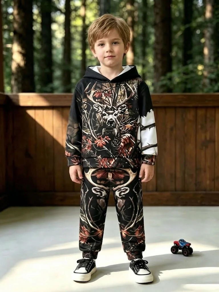 Toddler Boys Deer Hunting Camo Clothes Set Kids Fashion Graphic Hoodie and Sweatpants 2Pcs Autumn Winter Tracksuit Children Outf
