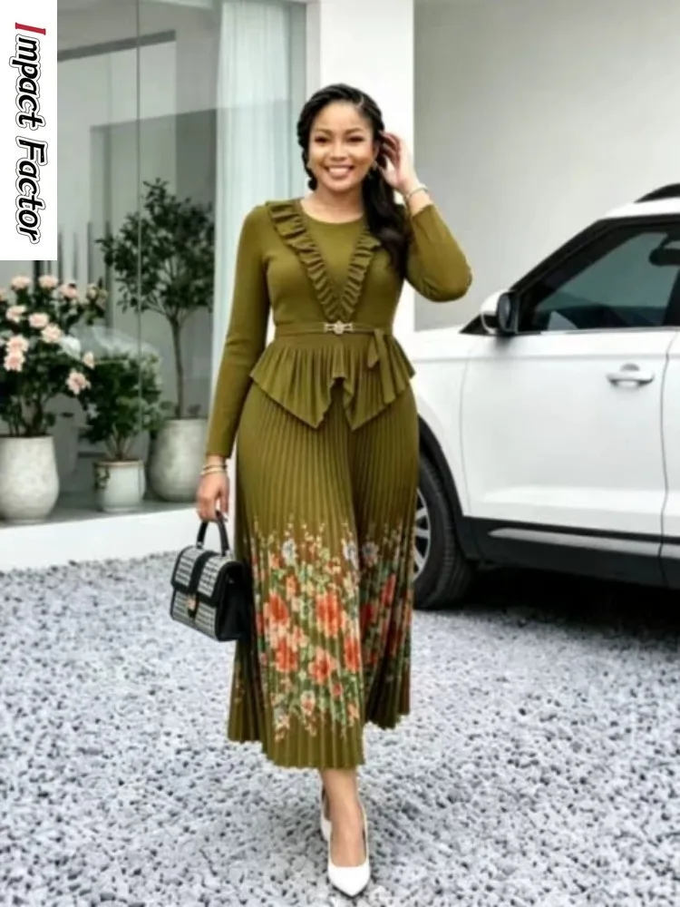Miyake Pleated African Loose Suit Round Neck Fashion Printing Temperament Elegant Long Dress Two-piece Set New Women's Clothing