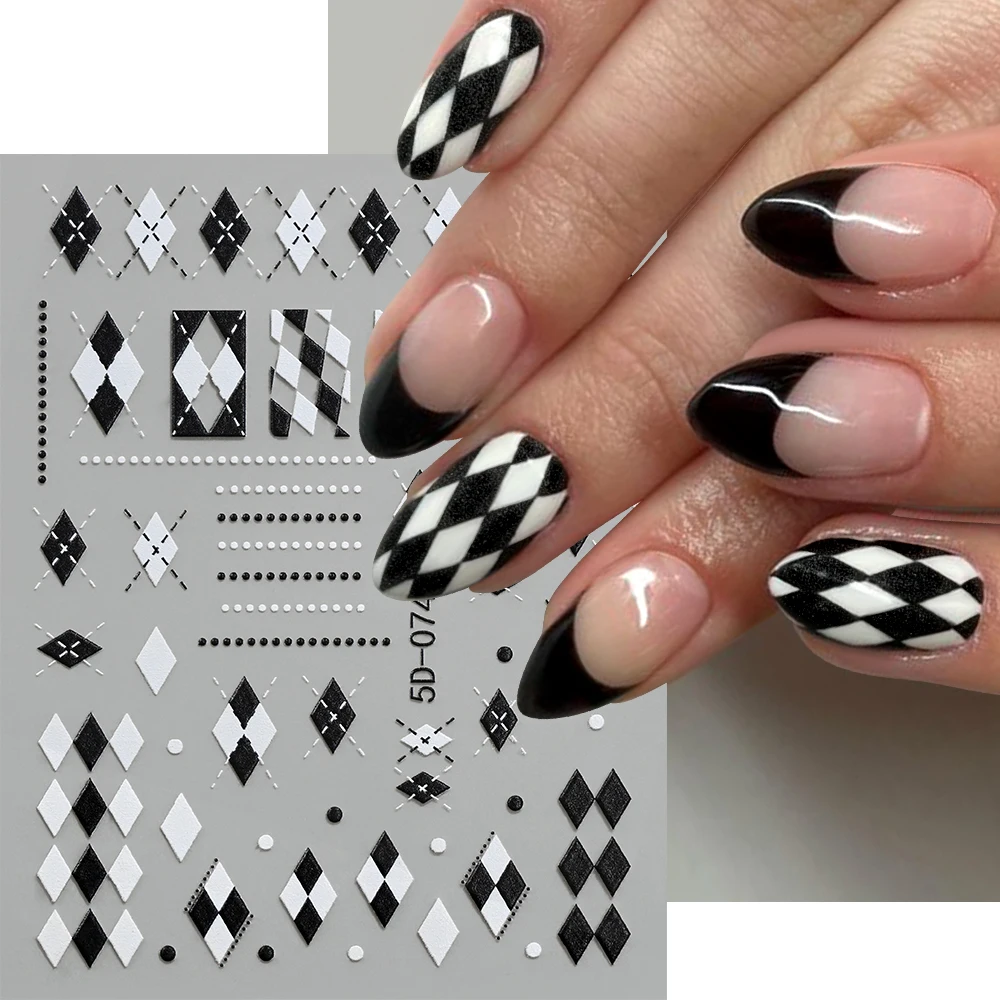 5D Embossed White Black Argyle Nail Art  Stickers Rhombus Line Nail Decals Self Adhesive Geometric Checkered DIY Manicure Slider