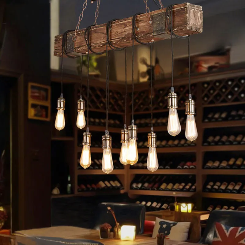 Loft Wood Vintage Industrial Pendant Lights Restaurant Cafe Dining Room Retro Wooden Hanging Lamp Indoor Light Design