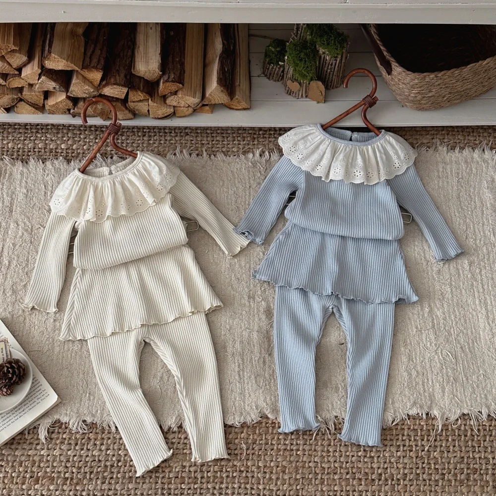 2026 Spring Fall Ins Style 0-4Y Baby Girl 2Pcs Outfit Ruffle Tops dress Pants Children Sets Soft Knit Daily Casual Kids Clothes