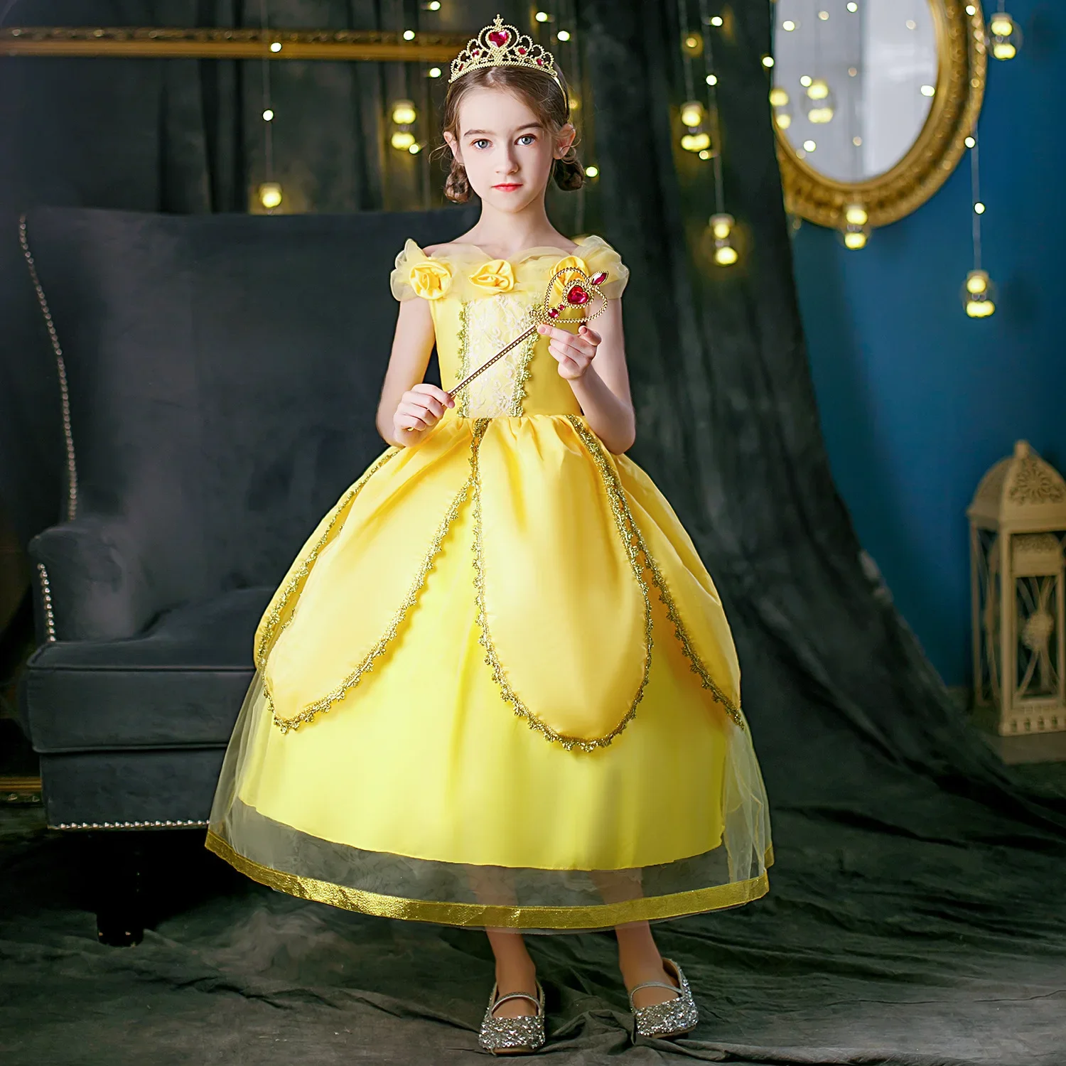 Girl Belle Dress Beauty Cosplay Costume Princess Deluxe Applique Outfit Children Birthday Party Elegant Gown Fairy Disguise Sets