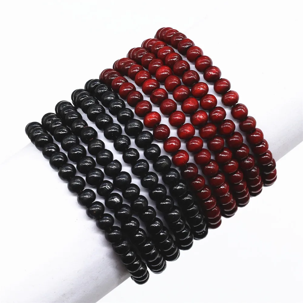 WESTBULL New Wholesale 6mm Black Red Wood Beads Strand Beaded Bracelets Men Homme Male Gift Jewelry Accessory