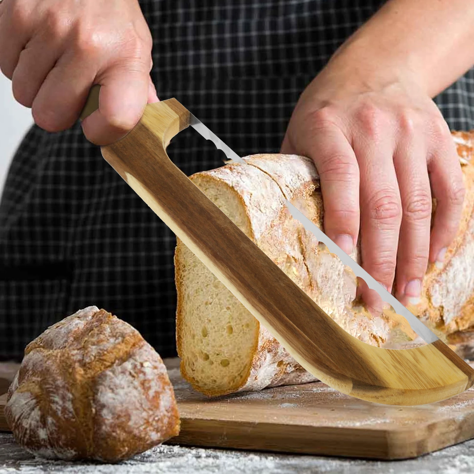 Wooden Bread Knife Saw Toast Bread Cutting Utensils Baguette Cutter Stainless Steel Bread Bow Slicer Loaf Slicing Baking Tools