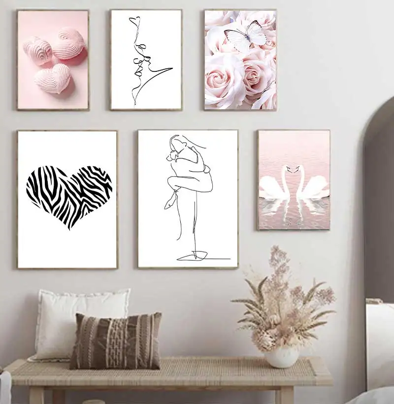 Posters And Prints Wall Pictures For Living Room Decor Pink Rose Butterfly Flower Swan Line Art Wall Art Canvas Painting Nordic