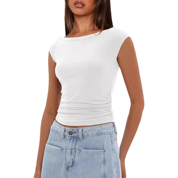 

Y2K summer new casual fashion pleated slim short button T-shirt solid color beauty elegant versatile short-sleeved top