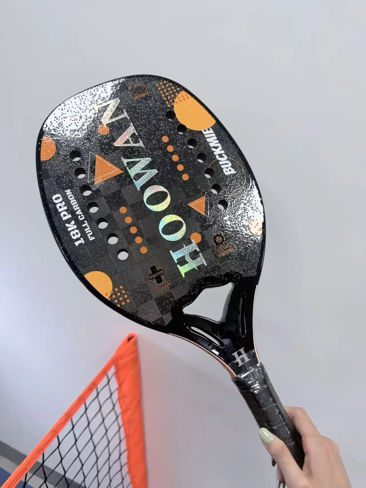 18K Full Carbon Beach Tennis Racket HOOWAN BUCKMIE 20mm Thickness Soft EVA Core Textured Surface Pro Beach Tennis Paddle Lightwe