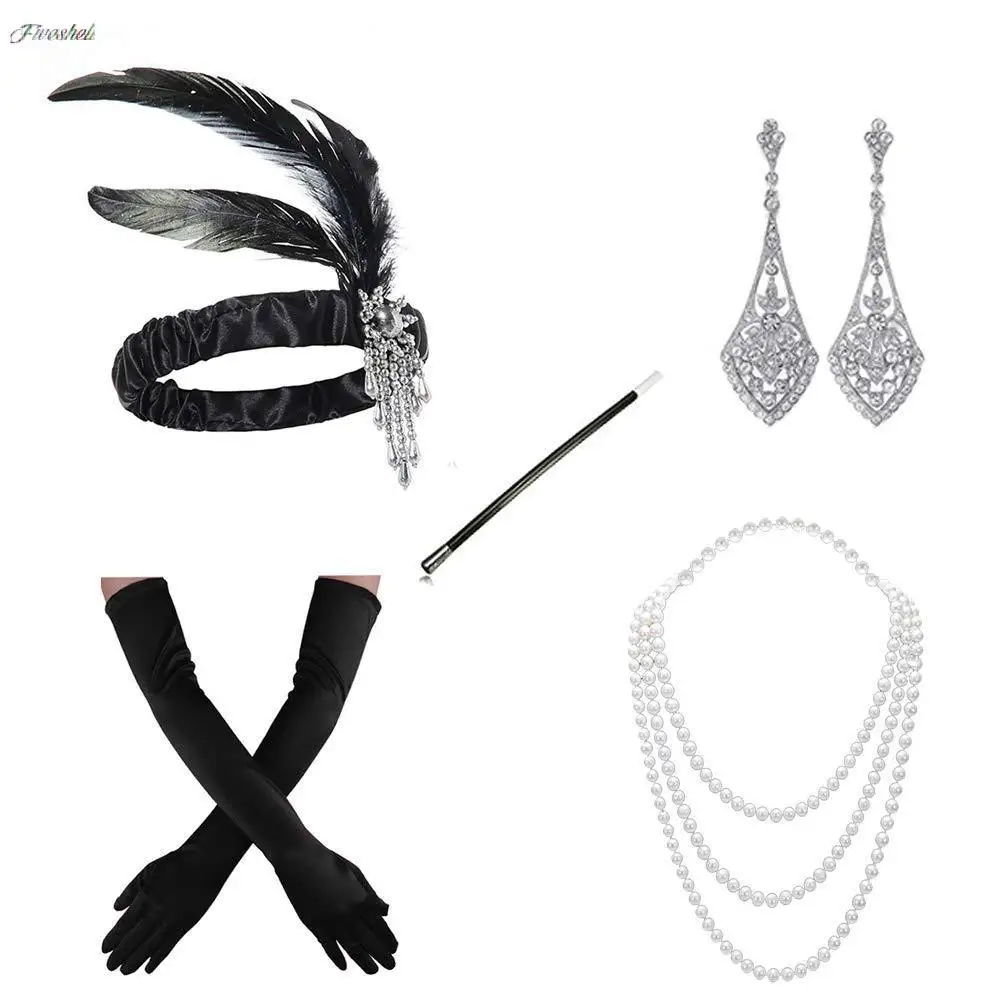 Gatsby – accessoires pour robe fantaisie pour femmes, ensemble de bijoux à plumes noires des années 1920