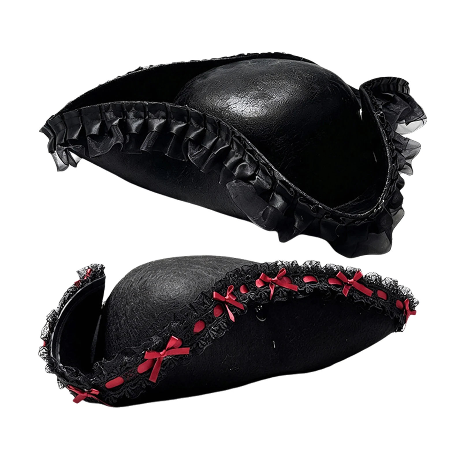 Women Retro Court Style Tricorn Hat Ruffled Lace-trimmed Pirate Cap Cosplay Costume Accessories for Halloween Party