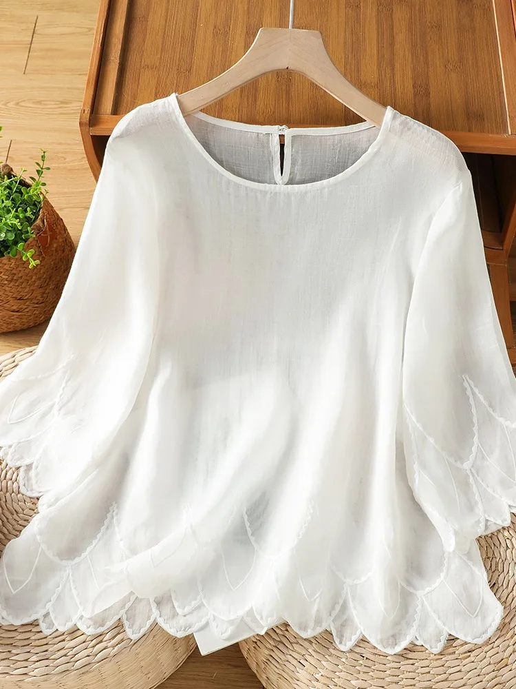 

Elegant Embroidered Cotton Linen Blouse Women Summer Lightweight Cool Feeling Slimming round Neck Overhead Shirt Fashionable