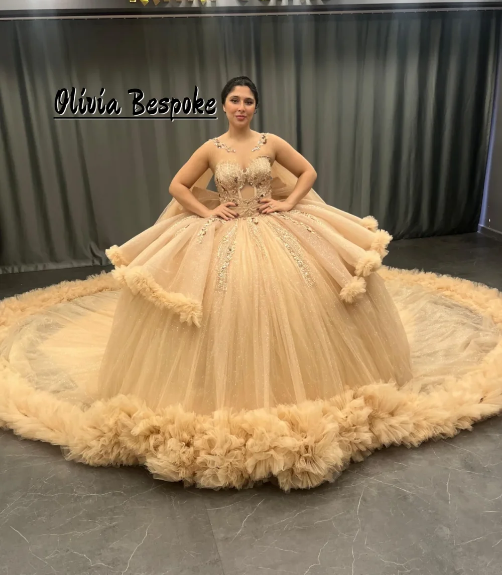 샴페인 튤 15세 퀸시에라 드레스 2026 오프숄더 비즈 장식 멕시코 생일 무도회 드레스 맞춤 제작