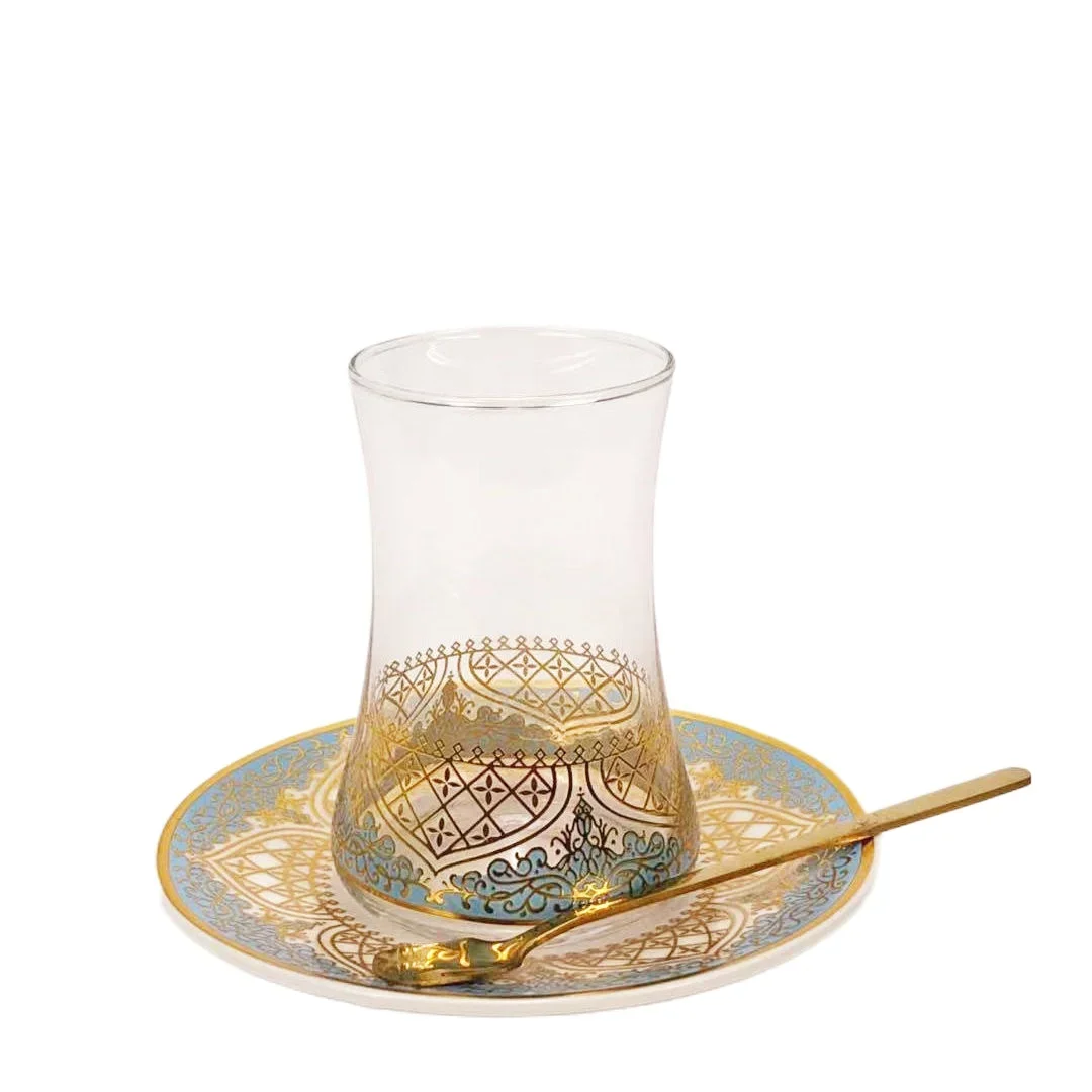 Teegläser, Tassen-Set, Untertassen mit Löffel, Kaffeetasse, romantische exotische Glas-Teetasse, Blau-Gold, Küchendekoration, Trinken