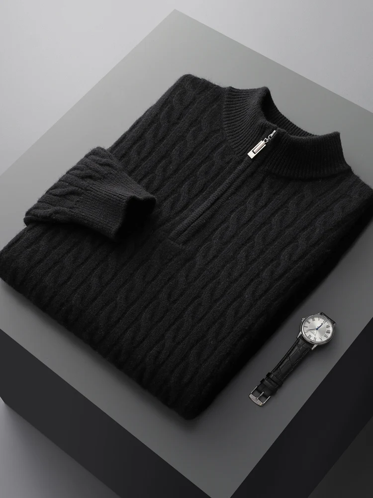 Autumn Winter Men's Jacquard Zipper Pullover 100% Merino Wool Knitwear Solid Color Thick Smart Casual Sweater Warm Soft New Top