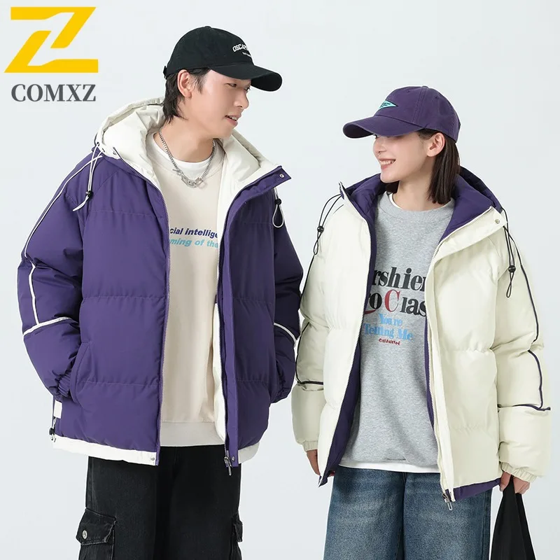 

COMXZ 2025 Мужская куртка-пуховик с заниженными плечами и капюшоном, студенческая модная повседневная рабочая одежда для пар, стеганое пальто, легкая ветровка