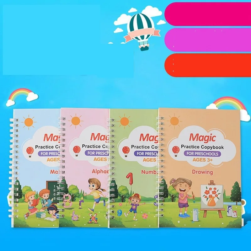 4pcs Sank Magic Practice Copybook Pen Preschools Kids Calligraphy English Verison Free Wiping Children Reusable Writing Book