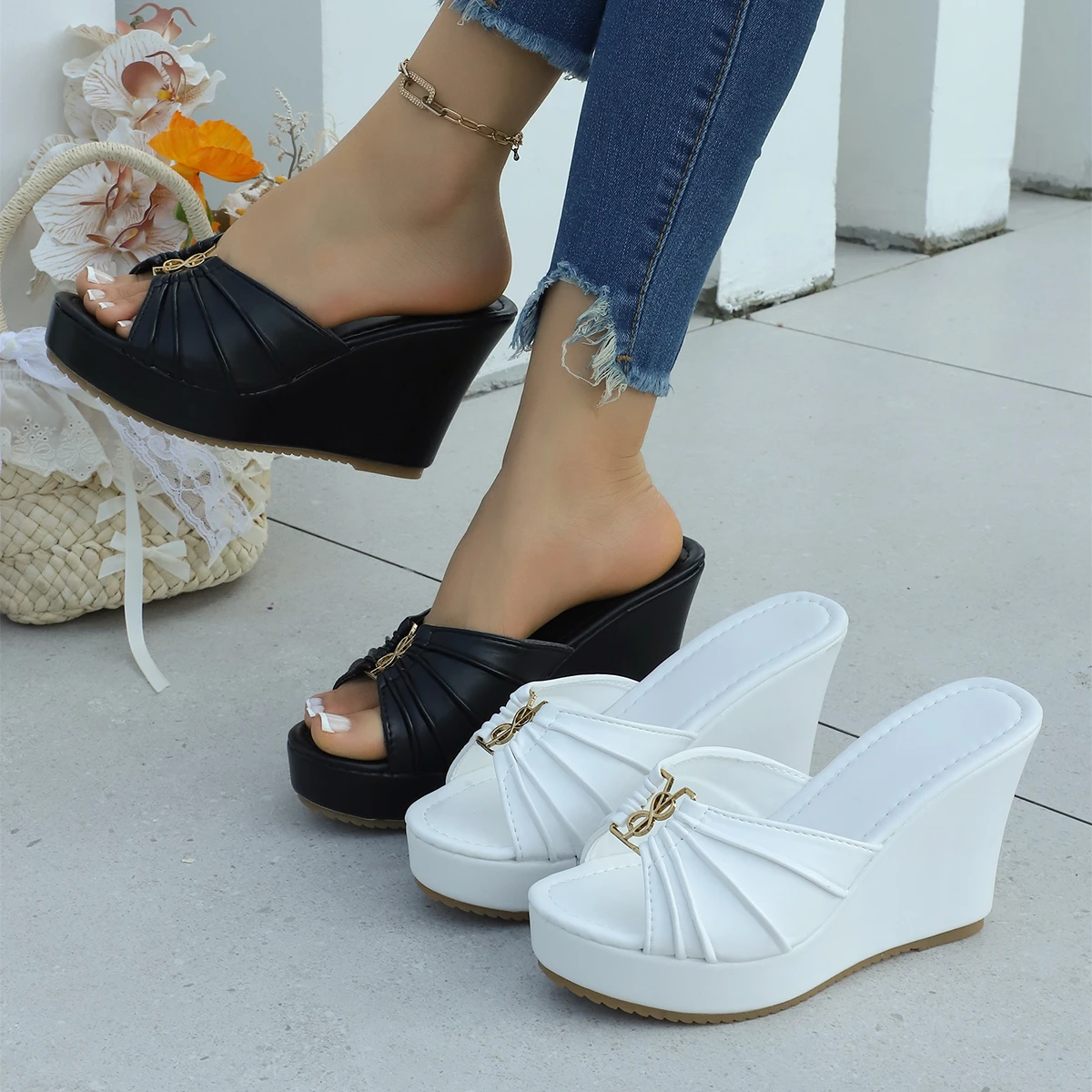 Modische, bequeme, elegante High-Heel-Slipper, Sommerneuheit, runde Spitze, Fischmaul-Design, sexy, lässige Slipper für Damen – Detail 7