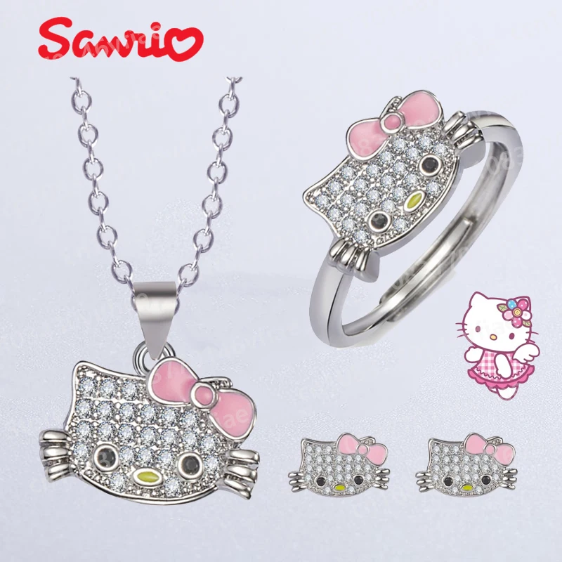 

Hot Sanrio HelloKittys Series Peripheral Diamond Necklace Set Delicate Clavicle Chain Lovely Cartoon Ring Earrings Bestie's Gift