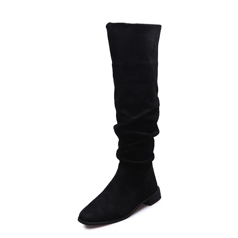 New High Quality Pleated Boots Women Black Nude Faux Suede Flock Knee High Boots Ladies Flat Autumn Winter Dress Shoe