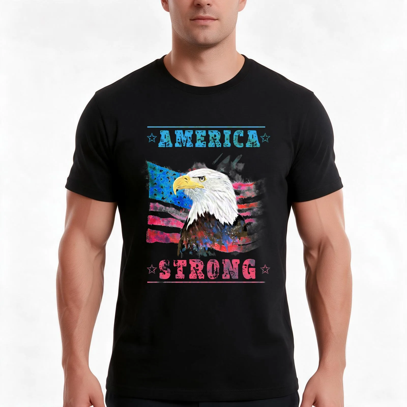 America Strong Splash Watercolor T-Shirt, Summer Casual Cotton Tee, Oversized Streetwear Tops, Vintage Graphic Print