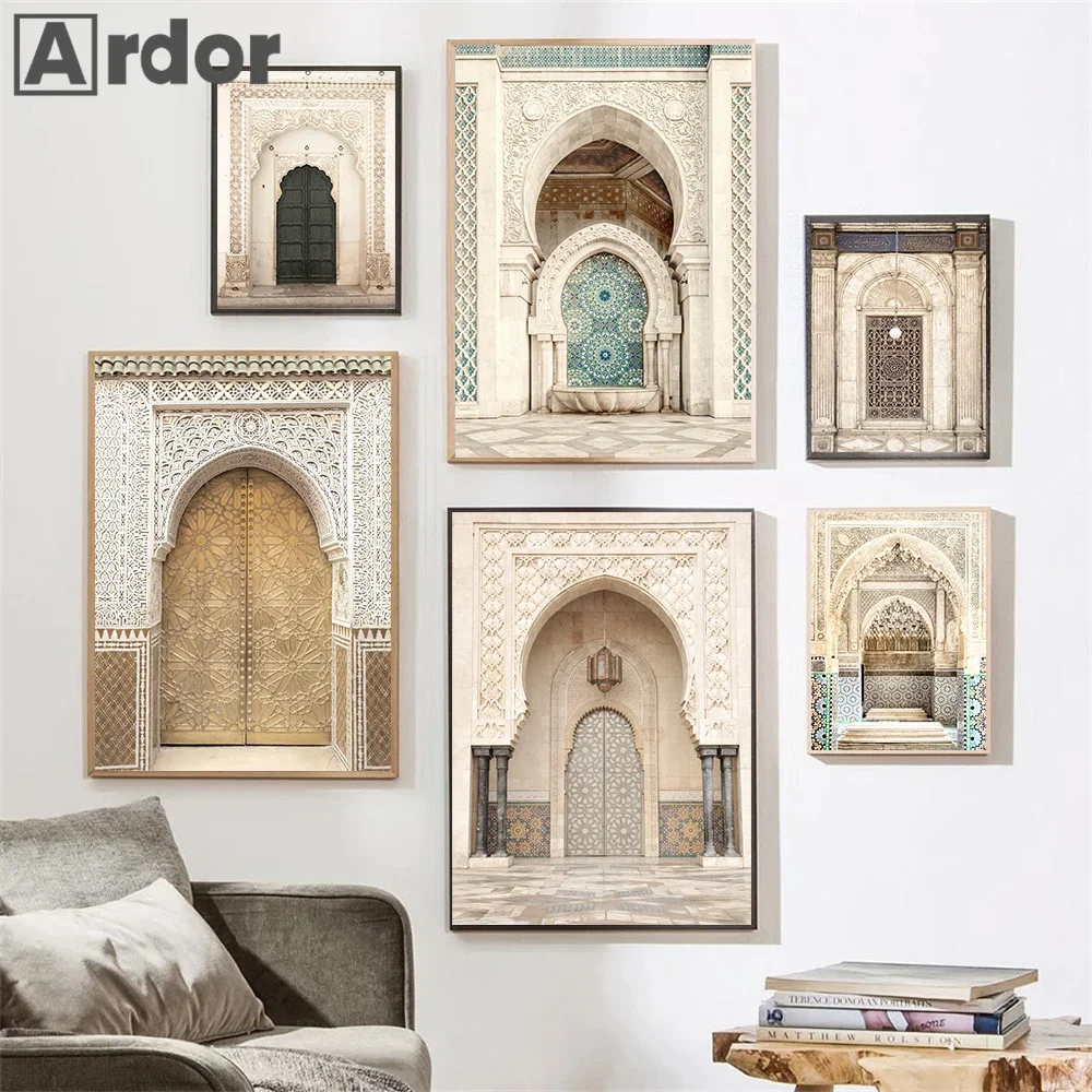 Islamic Architecture Posters Moroccan Door Boho Arabic Mosque Prints Canvas Painting Wall Art Pictures Living Room Home Decor