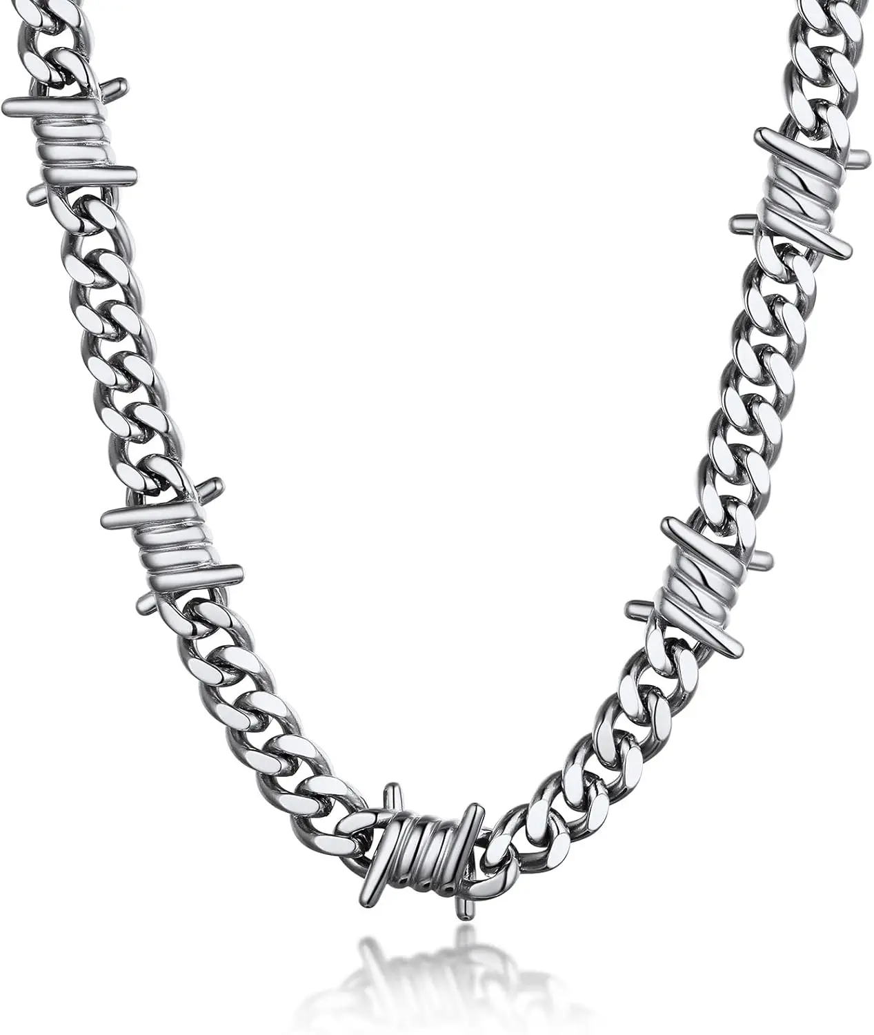 Barbed Wire Cuban Necklace for Women Men Stainless Steel/Black Gothic Thorns Skull Choker Necklace Punk Jewelry
