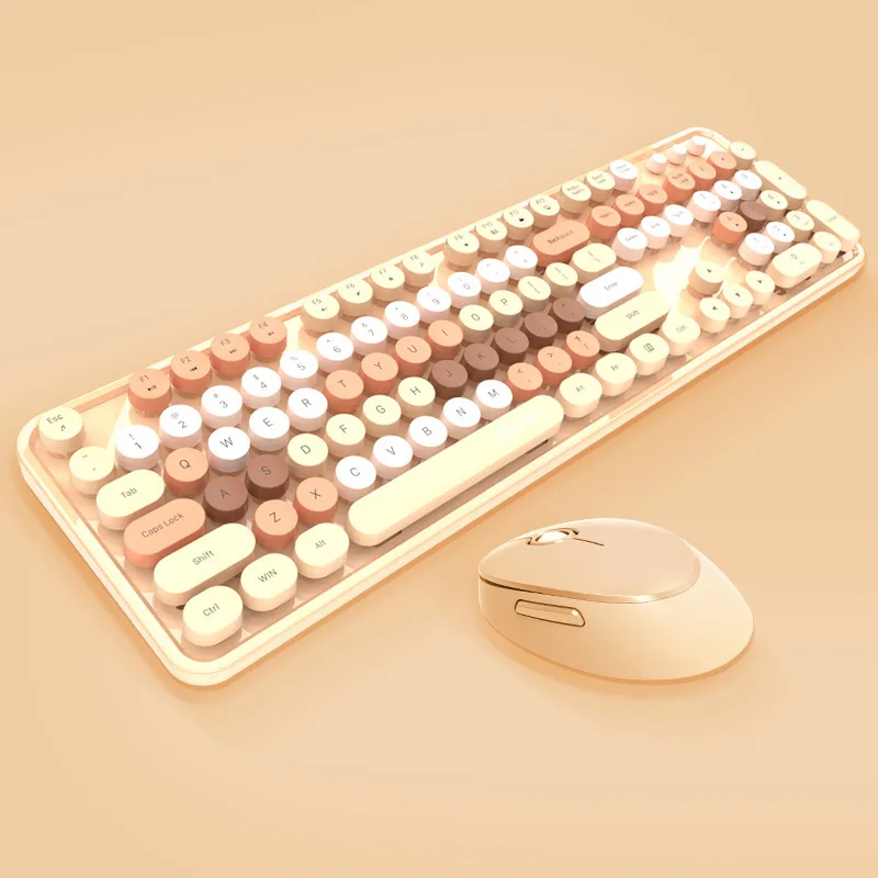 Top! Cute 2.4G Wireless Keyboard Set Mixed Candy Color Roud Keycap Keyboard and Mouse Comb for Laptop Notebook PC Girls Gift