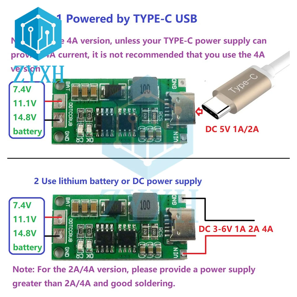 Type C BMS 2S 3S 4S 1A 2A 4A 18650 21700 3.7V Lithium Battery Charge Board Step-Up Boost Li-Po Polymer USB C To 8.4V 12.6V 16.8V