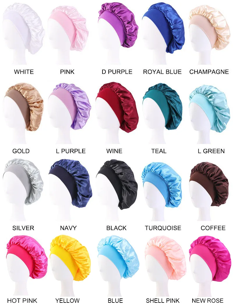 Neue frauen Satin Solide Breitkrempige Schlaf Hut Unisex Kopf Wrap Elastische Band Kappe Haarpflege Motorhaube Nacht Hut motorhaube de nuit – Detail 2