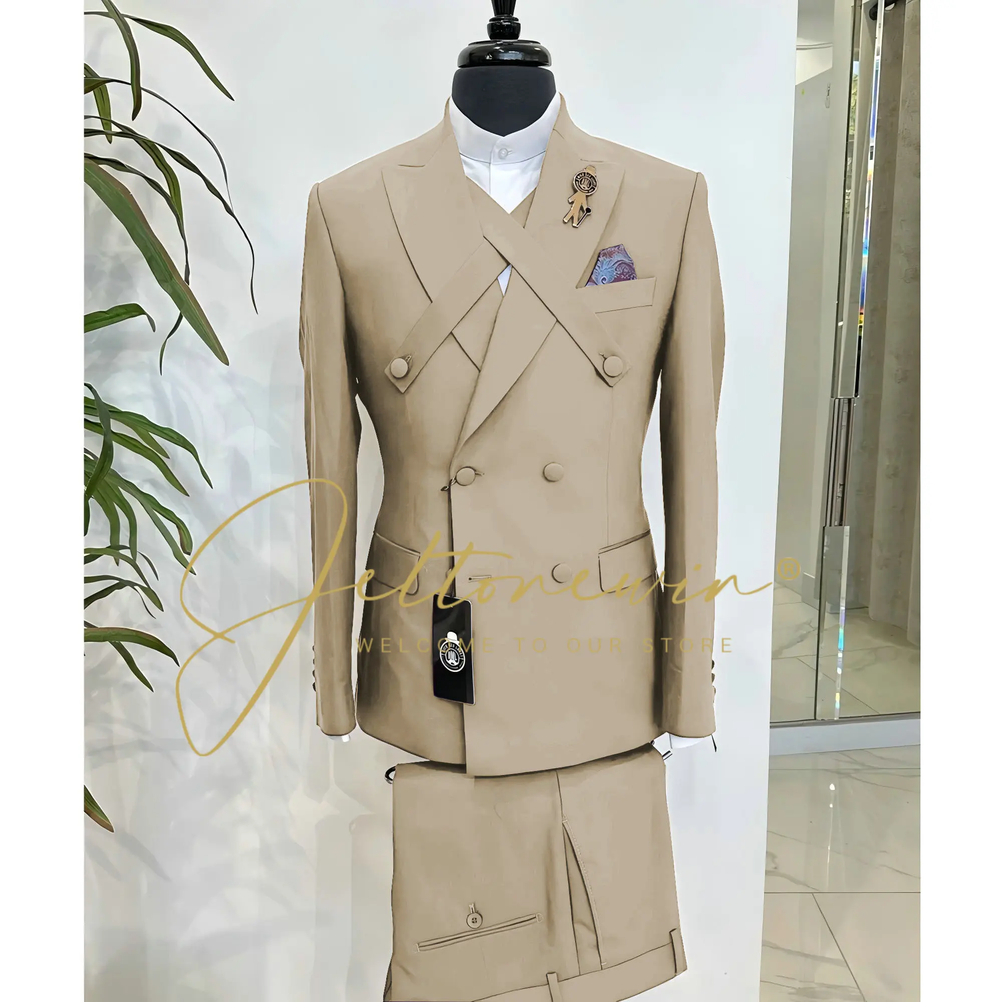 بدل رجالية بيج غير رسمية مزدوجة الصدر ذروة التلبيب سليم صالح حفل زفاف البدلات الرسمية الذكور الملابس 2 قطعة سترة السراويل مجموعات