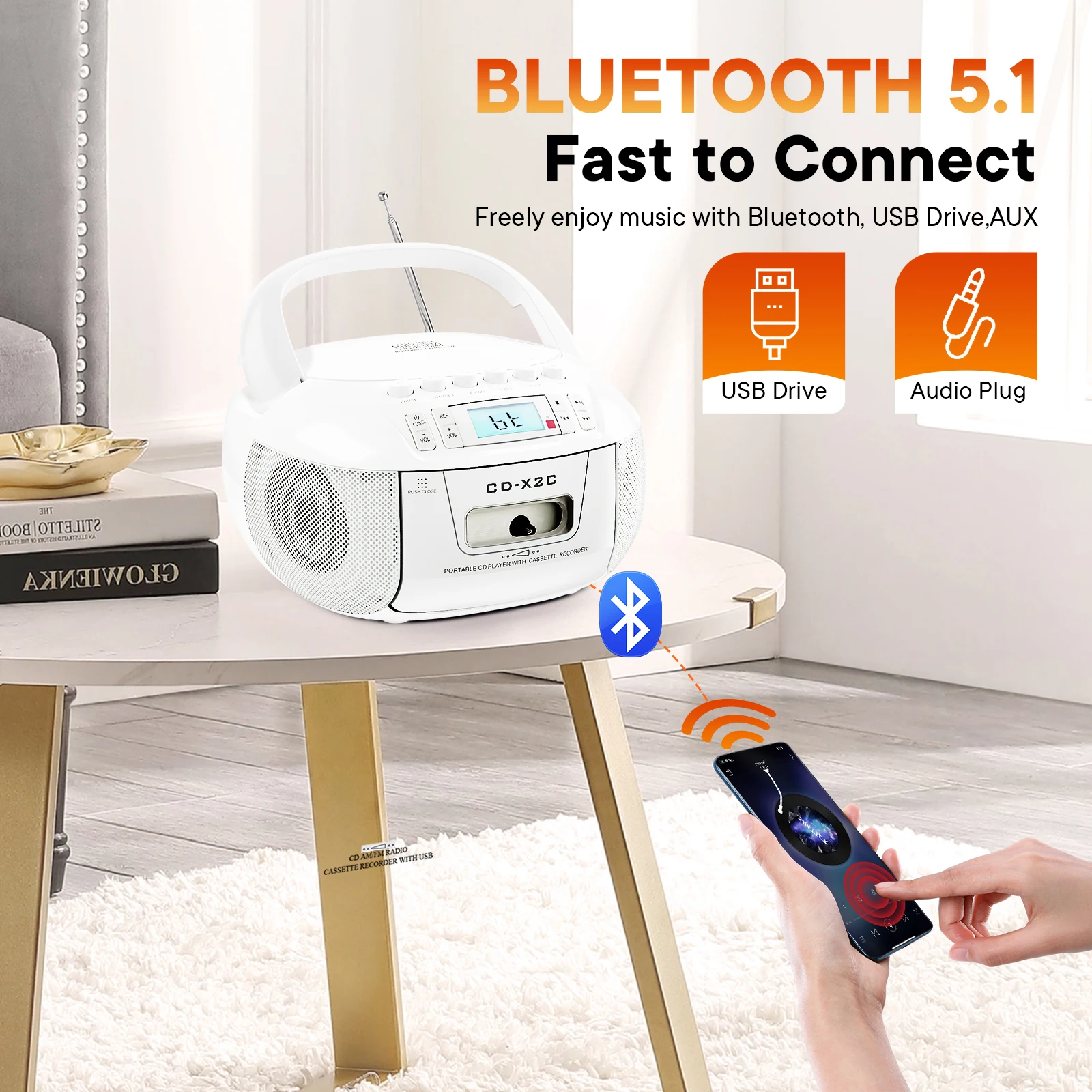 Portable CD player with cassette recorder Bluetooth CD cassette boombox with AM FM radio and remote USB MP3 playable