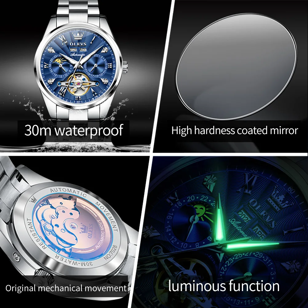 OLEVS 7028 Men\'s Watches Top Luxury Brand Automatic Mechanical Business Wristwatch Waterproof Chronograph Luxury Reloj Hombre
