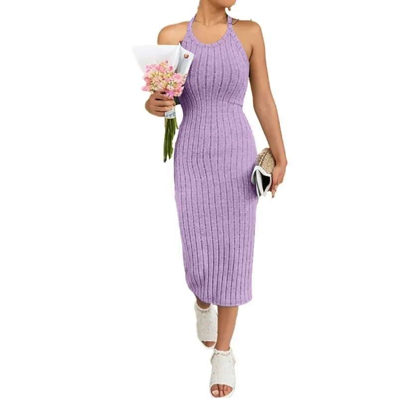Solid Halter Neck Bodycon Dress Dodycon Dress Fashion New Designer Ribbed Midi Dress Women\'s Sleeveless Ribbed Knit Tank Dress