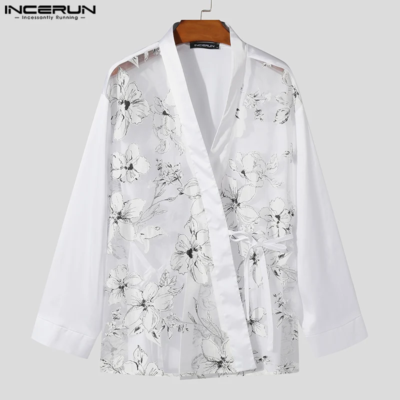 INCERUN Men Shirt Printing Patchwork V Neck Long Sleeve Transparent Men Clothing Lace Up Loose Streetwear 2024 Fashion Shirts