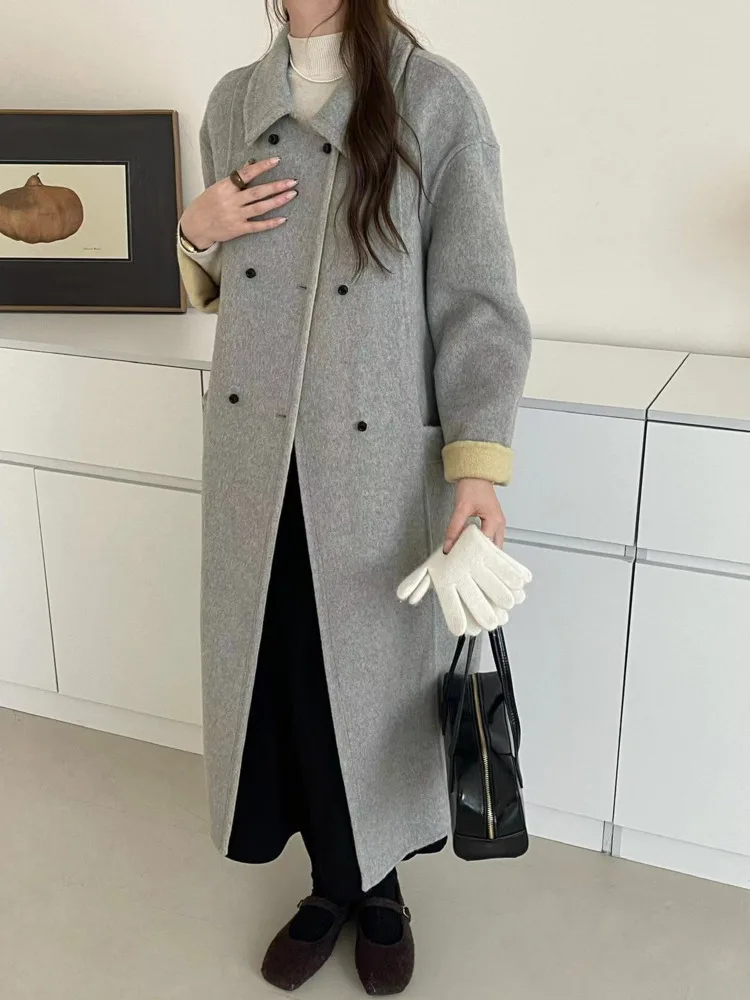 ZMEENNA femmes Double boutonnage Long manteau laine mélange vêtements d'extérieur avec revers cranté décontracté coupe ample veste ZM3967