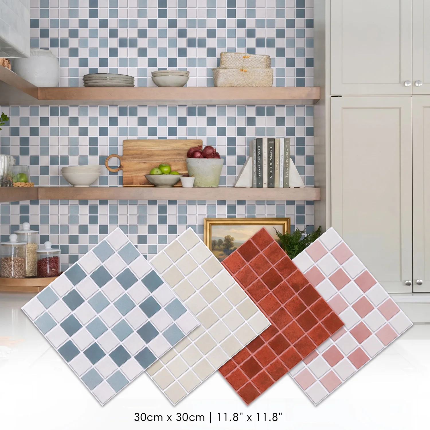 10PCS Blue White 3D Mosaic Wall Panels, Self-Adhesive PVC Tiles, Easy to Clean, Decorative Wall Covering for Kitchen & Bathroom