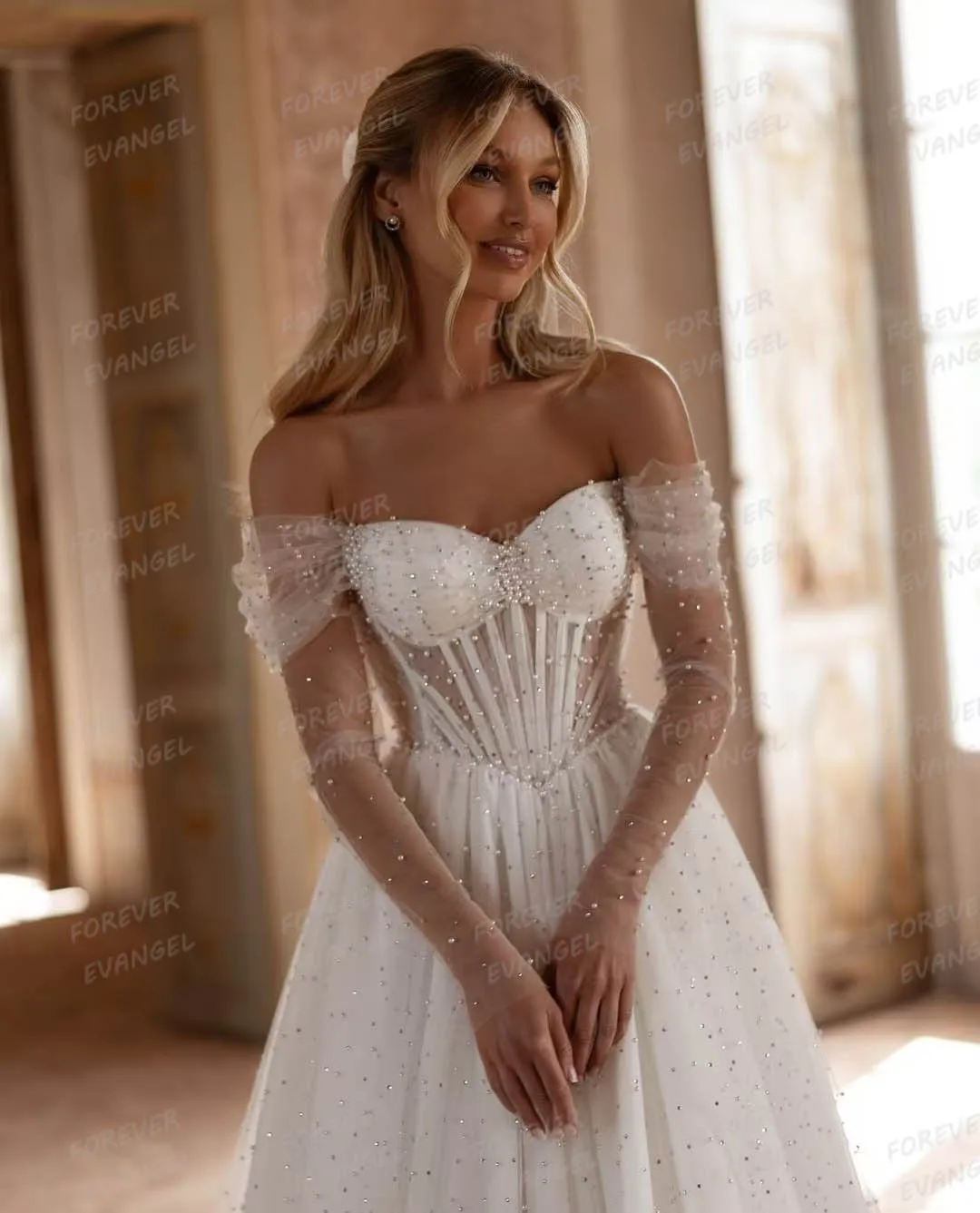 Abiti da sposa di lusso elegante donna Sexy una linea Glitter Off spalla manica intera principessa Tulle abiti da sposa Vestidos De Novia