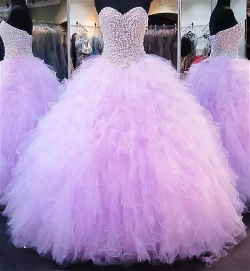 Angelsbridep Sweetheart Lila Quinceanera Jurken Voor 15 Party Sparkly Kralen Floor-Length Tule Cinderella Verjaardag Toga Hot