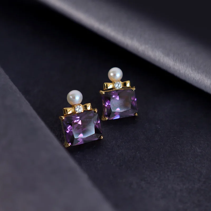 

925 Real Money 14K Gold Square Purple Crystal Stud Earrings For Women Sterling Silver Piercing Luxury Jewelry